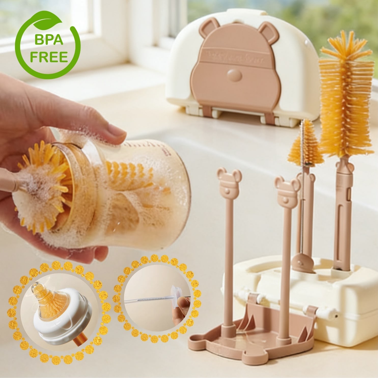 U:Baby Baby Bear Portable 3-in-1 Baby Bottle Cleaning Brush Set
